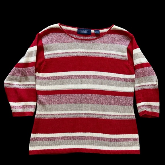 Catherine Stewart for Belle Point 3/4 Sleeve Striped Linen Blend Sweater Sz L - Picture 6 of 6